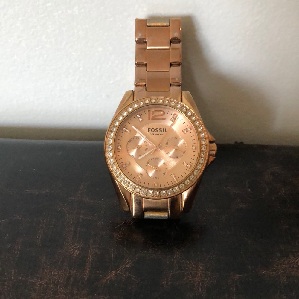 Rose gold and rhinestone fossil watch